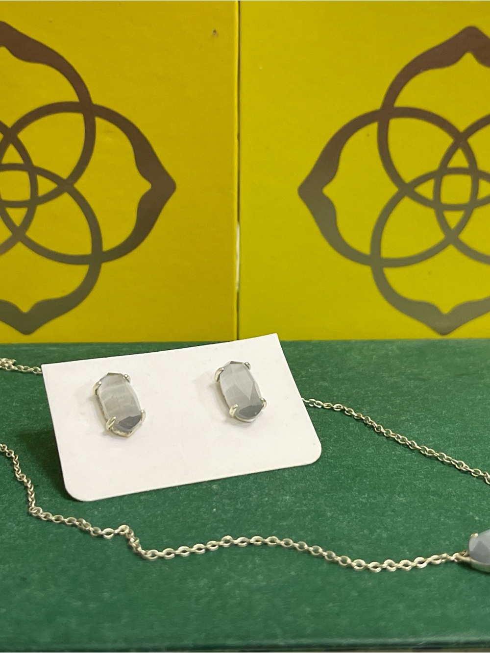 Kendra Scott Faceted Light Gray Oval Stud Earrings and Necklace in Silver-tone